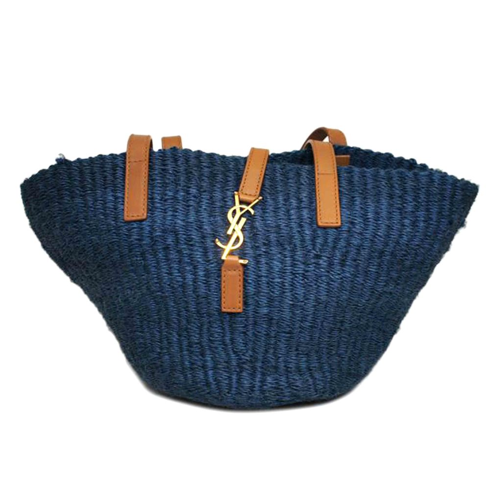 Saint Laurent YSL Panier Small Crochet Raffia Bag Blue